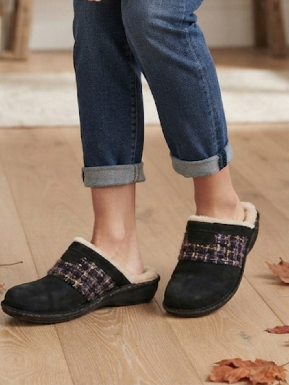 UGG Australia Women Suede Faux-Shearling Tweed Clogs Wedge Mule Shoes Sz 9